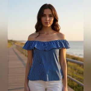 Derek Heart Assemetrical One Sleeve Ruffled Blue/White Stripe Top M